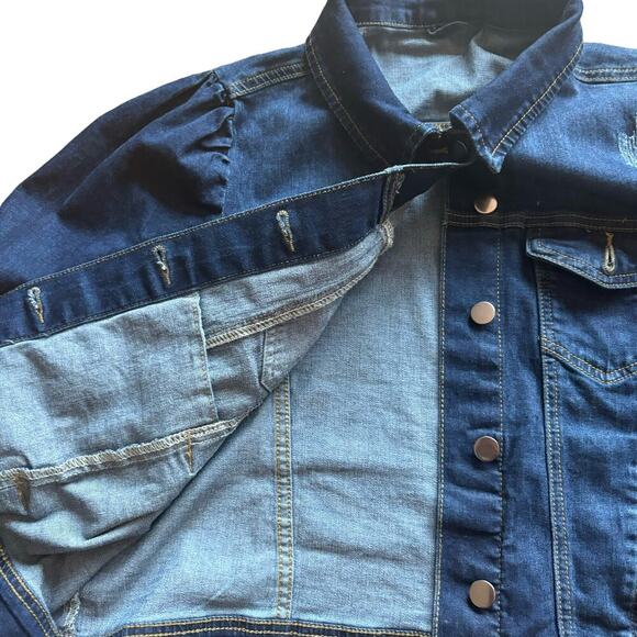 Vetinee Womens Jean Jacket Cropped Denim Jacket Stretchy 3/4 Puff Sleeve Pockets - Picture 8 of 12